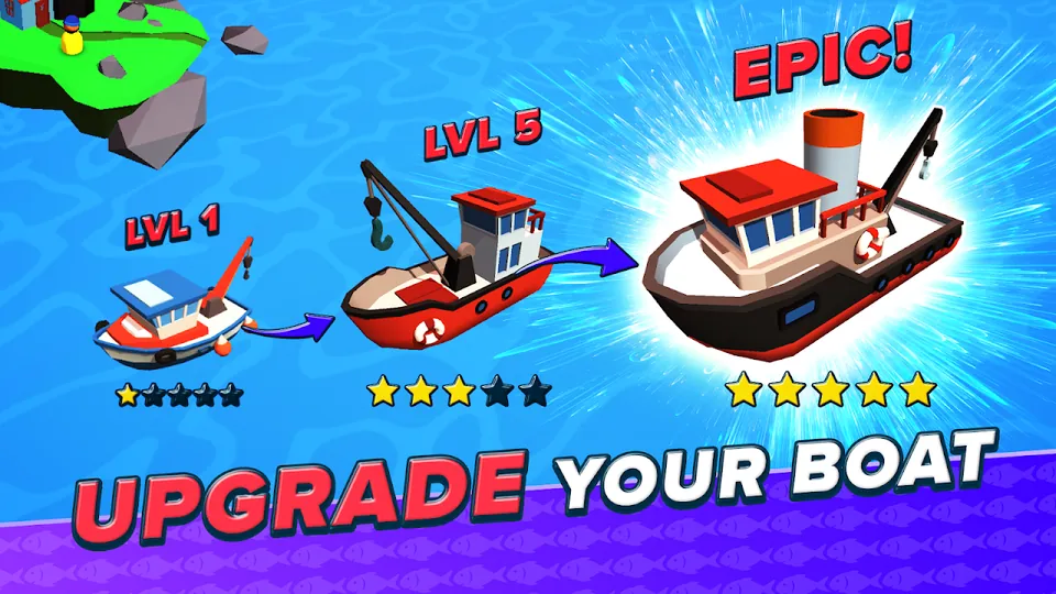 Fish Idle: três barcos, de nível 1, de nível 5 e épico, com estrelas por baixo de cada um