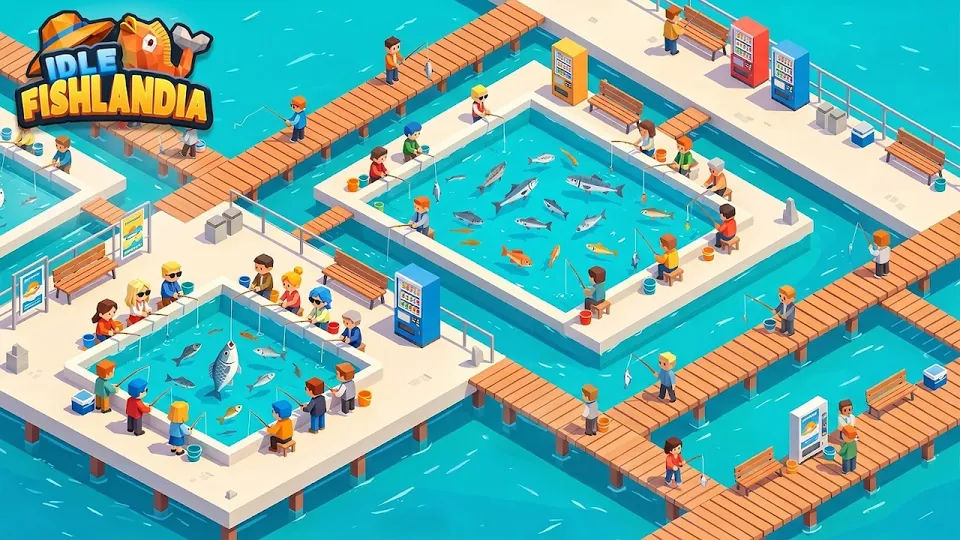 Idle Fishlandia: vista isométrica de um resort com tanques, passadiços de madeira e dezenas de visitantes a pescar