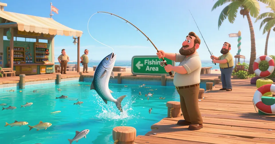 Idle Fishlandia: pescador de barba a puxar um peixe grande num cais, junto a uma loja de material de pesca