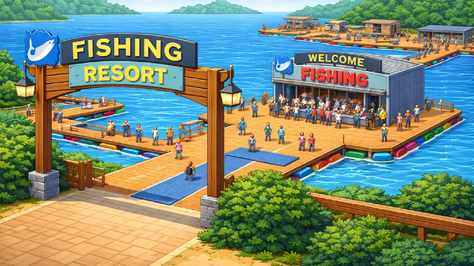Idle Fishlandia: entrada de madeira com o letreiro Fishing Resort e plataformas cheias de visitantes sobre um lago