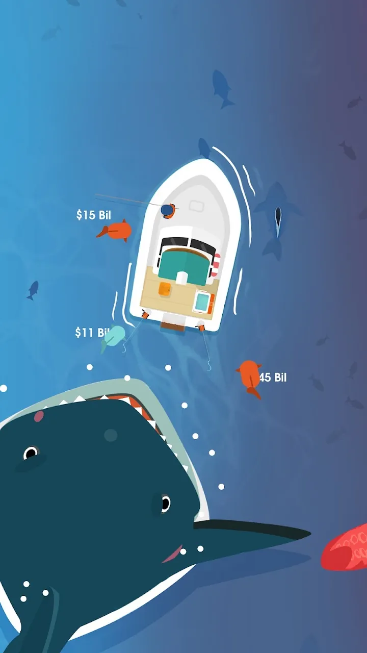 Hooked Inc: barco rodeado de peixes com valores de 11, 15 e 45 Bil e uma baleia por baixo